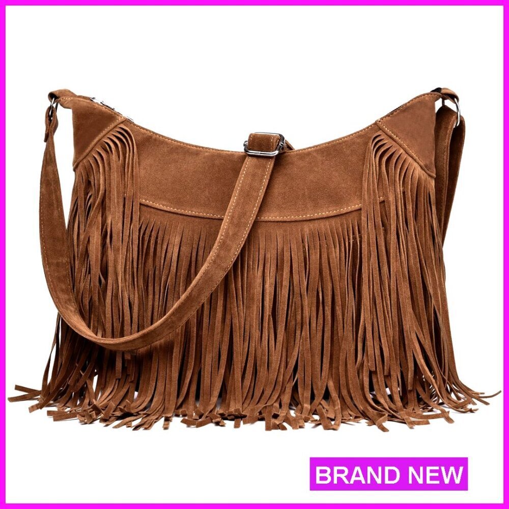 Vegan Suede Hobo Bag Crossbody Shoulder Bag Fringe Tassel Western Boho
